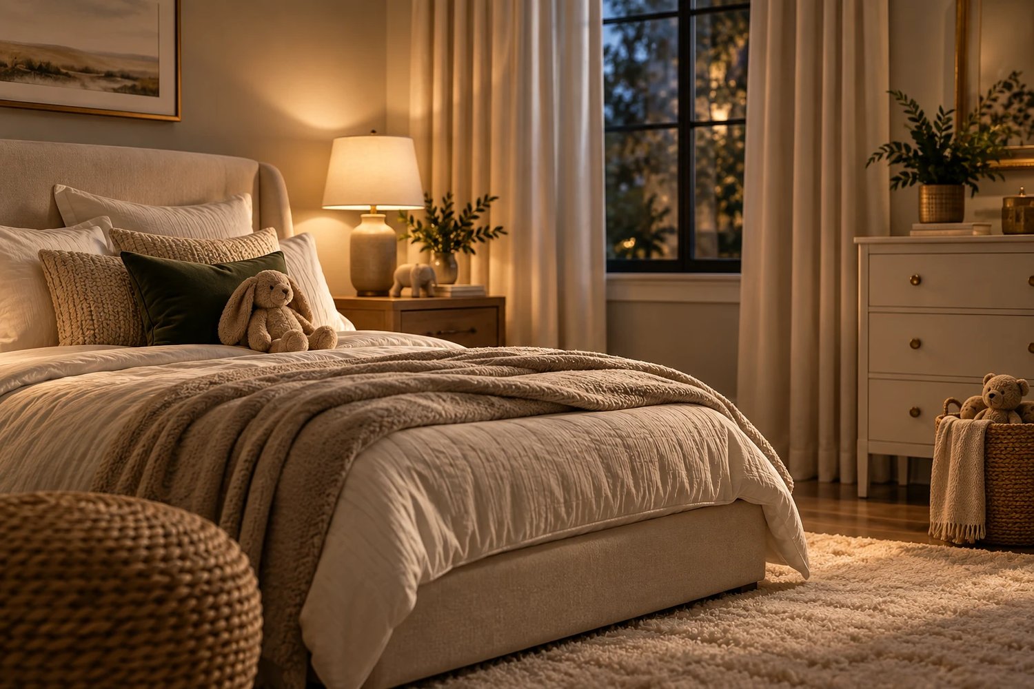 A cozy, softly lit bedroom in the evening