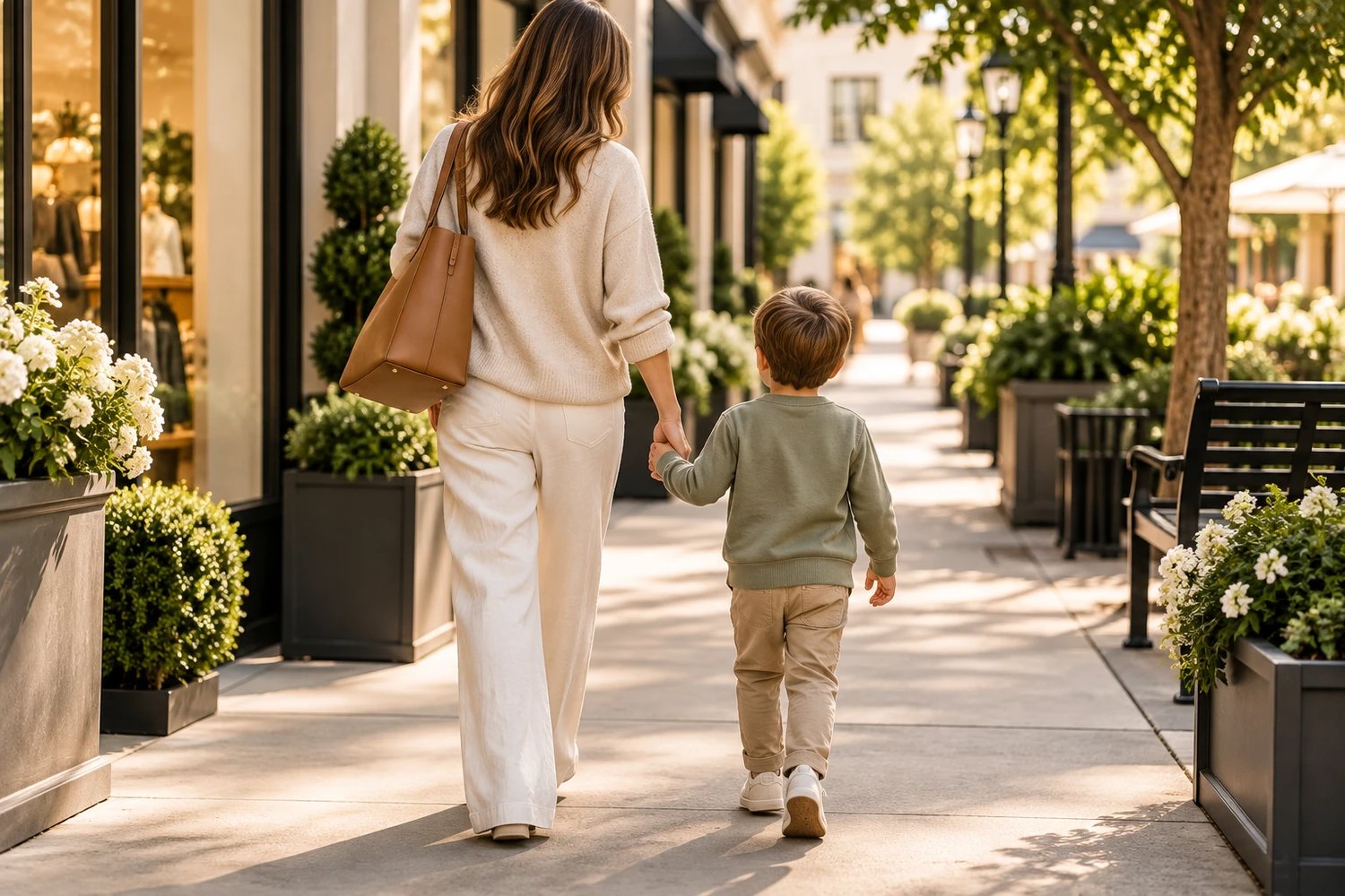 A parent and child walking hand in hand on a shopping street