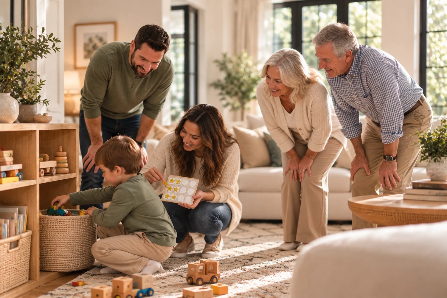 Grandparents and parents gathered around a child playing with toys on the living room floor