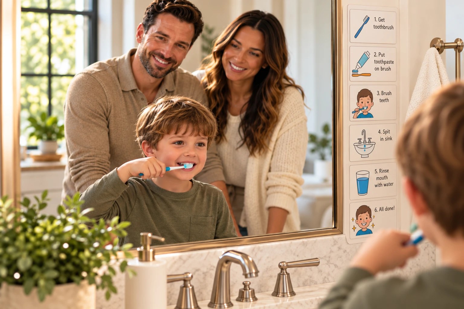 A child confidently brushing his teeth on his own while both parents watch proudly