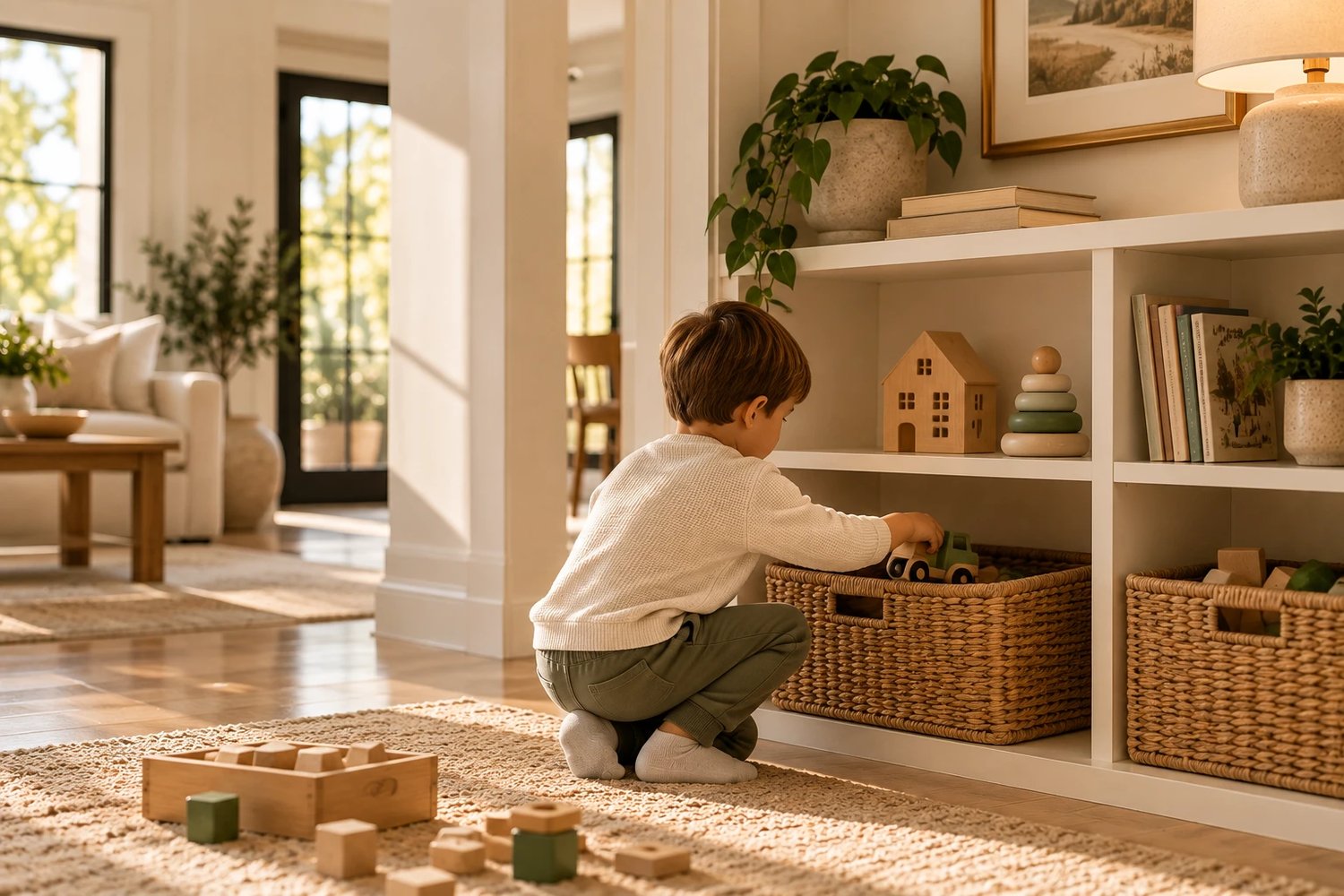 A child putting toys away in a basket