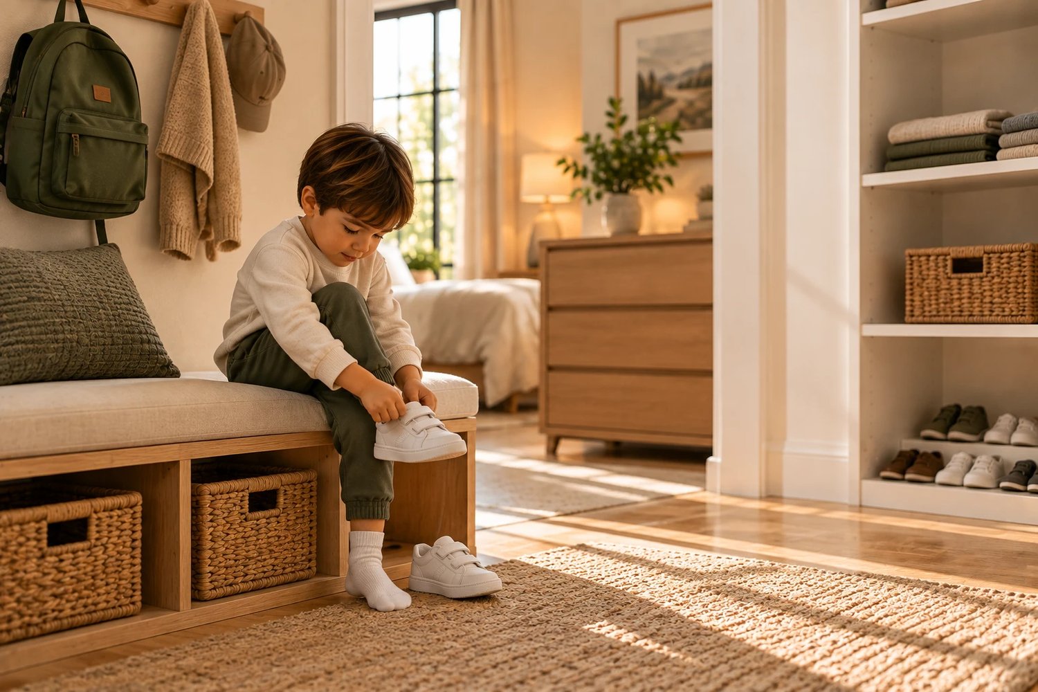 A child putting on his own shoes