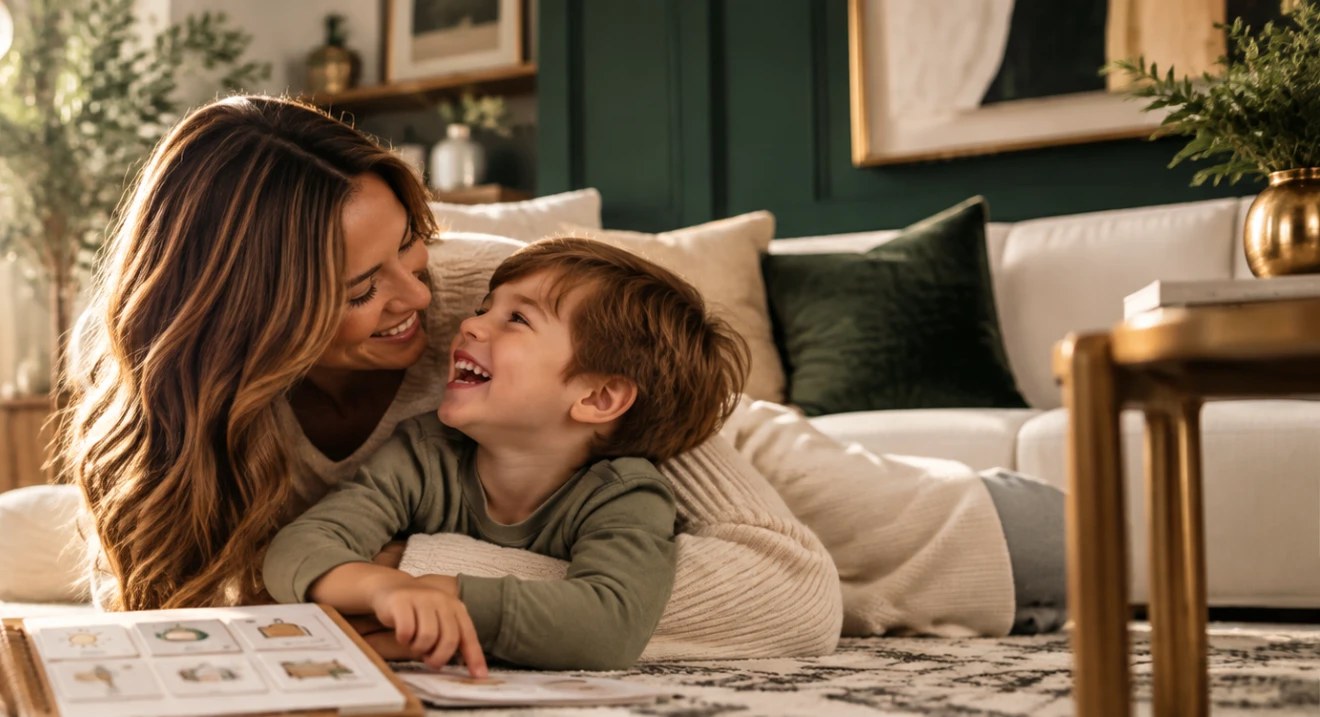 A mother and son laughing together while playing on the living room floor
