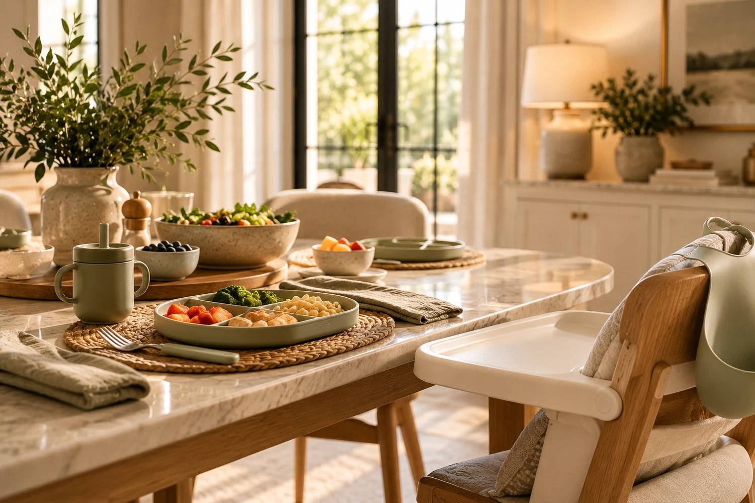 A child's divided plate set at the family table