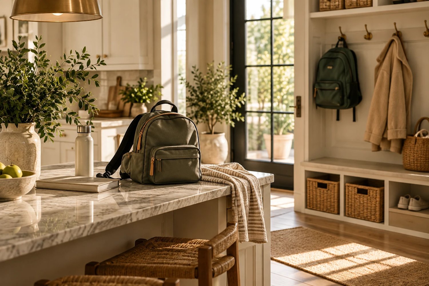A backpack and water bottle ready by the door