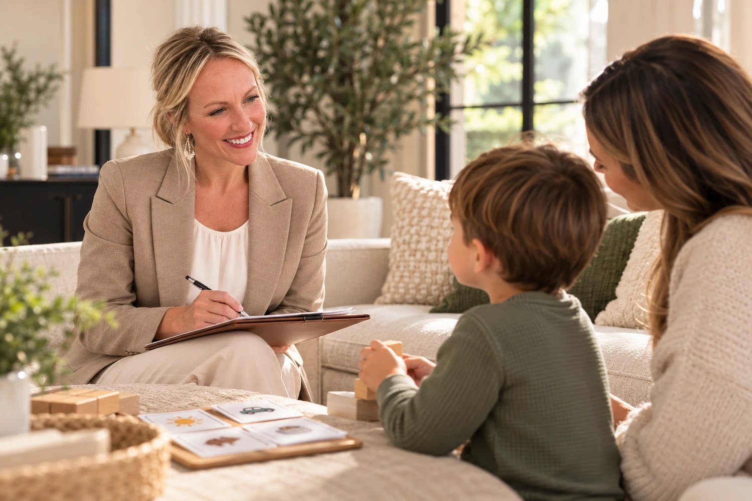 Meghan writing notes while a mother and son play together at home