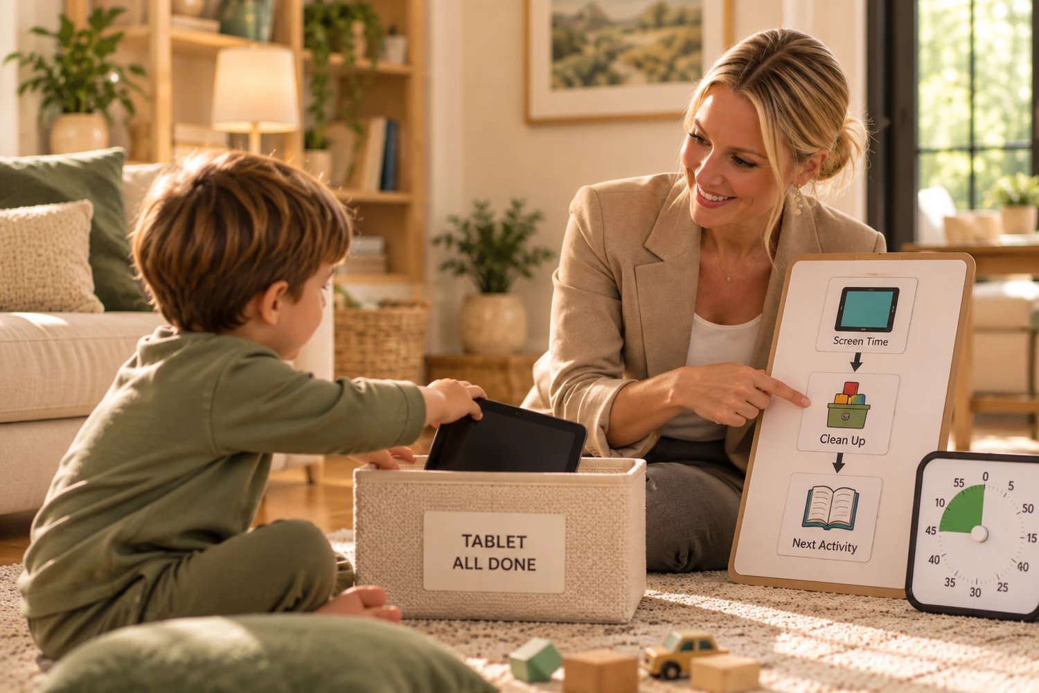 A parent guiding a child to place a tablet into a 'Tablet All Done' basket beside a visual routine board