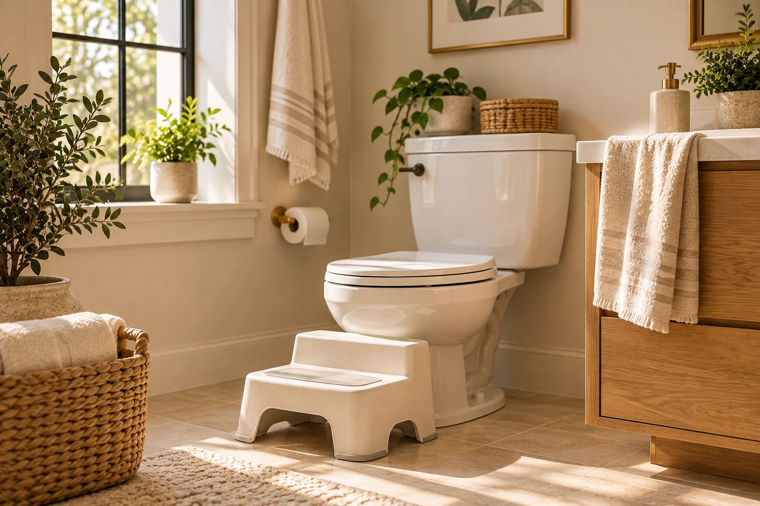 A child's step stool beside the toilet