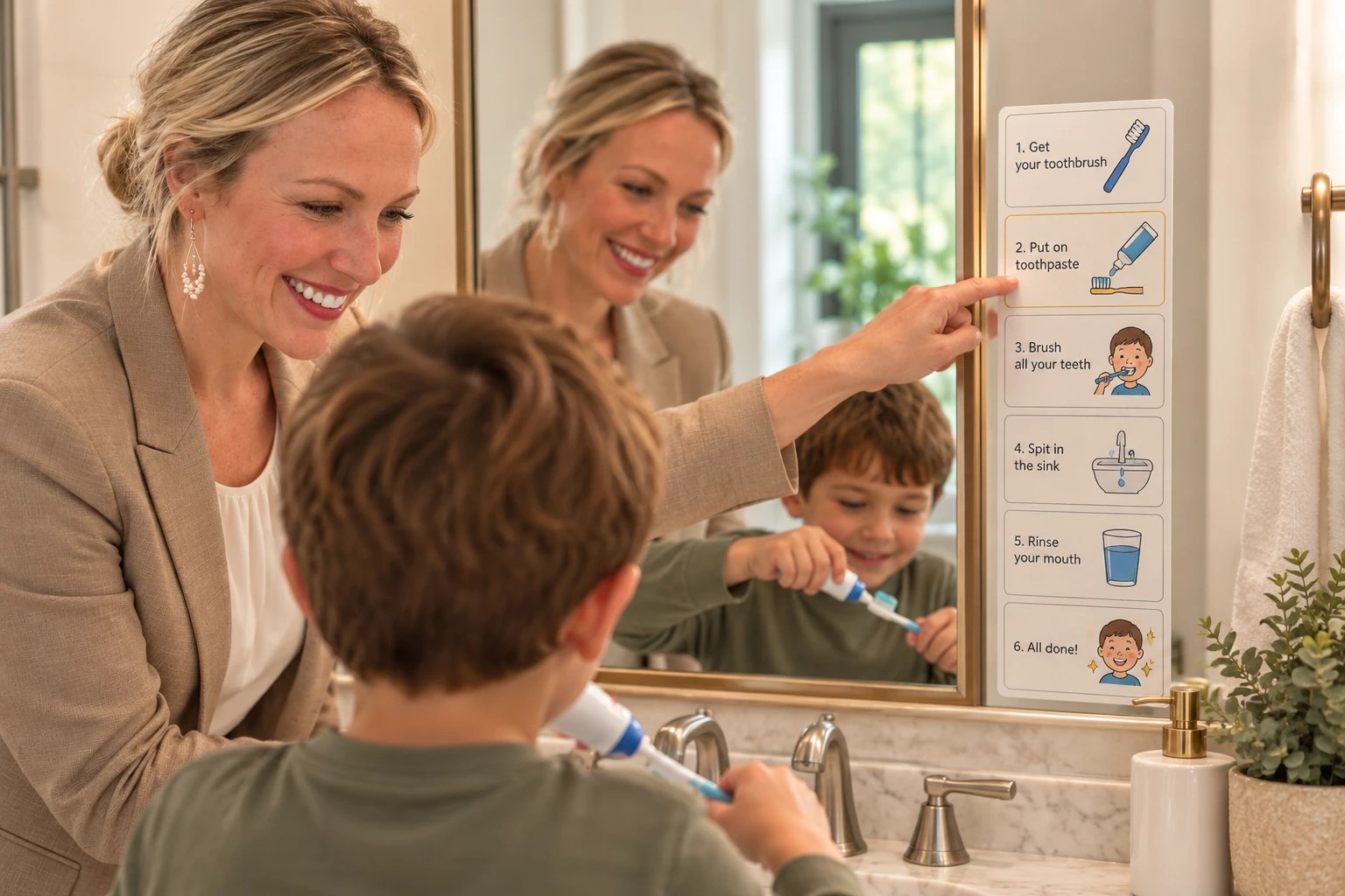 Meghan helping a child follow a visual toothbrushing routine chart at the bathroom mirror