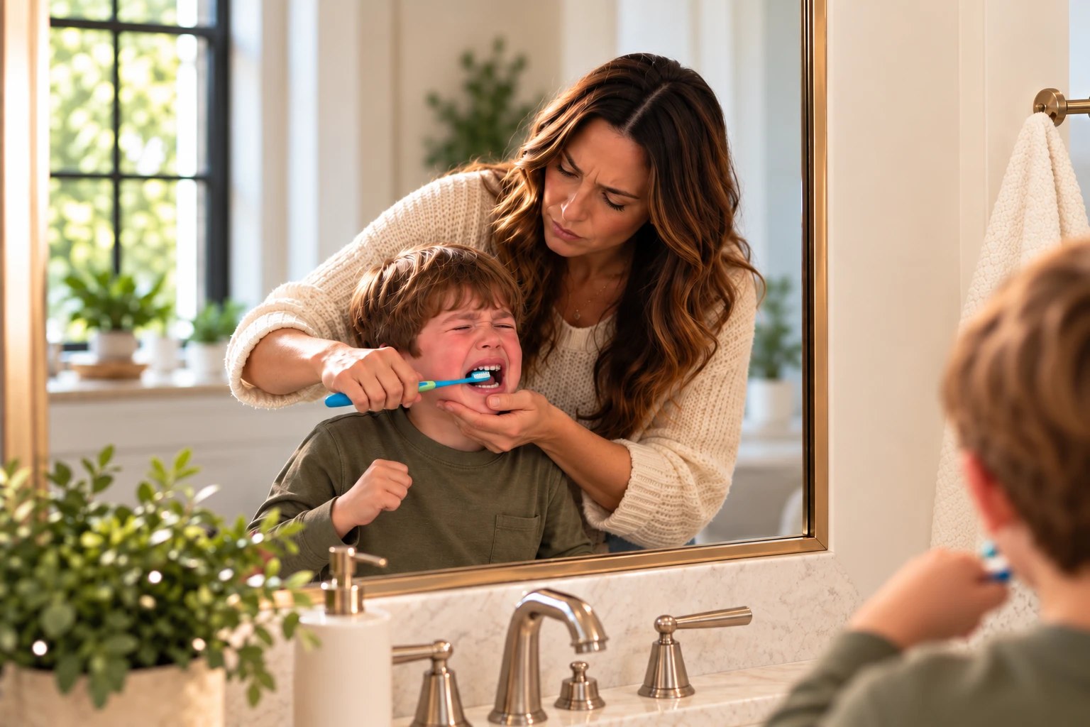 A mother helping her son brush his teeth during a difficult moment