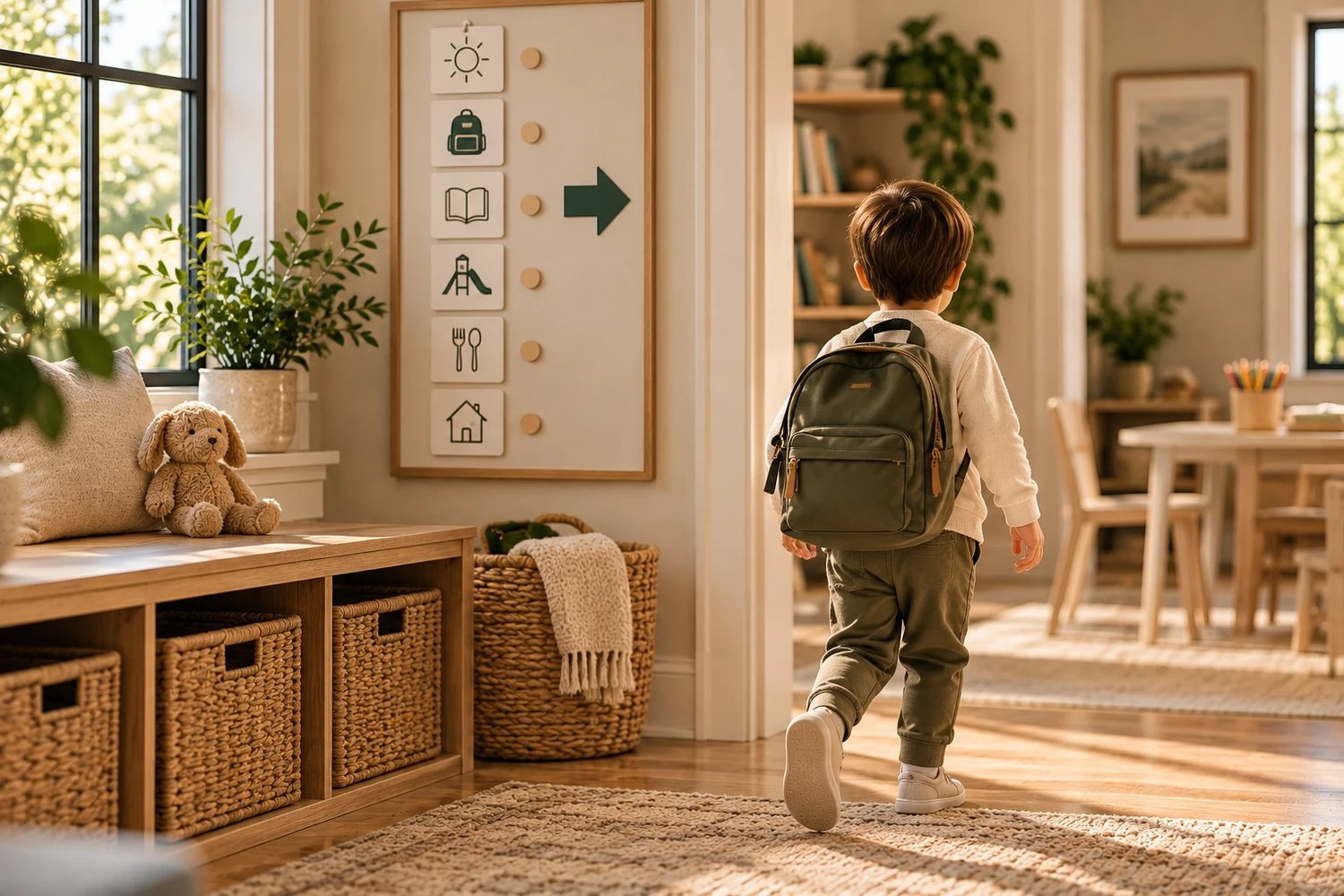 A child walking past a visual routine chart